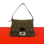 Fendi Mamma Bucket Zucca FF Logo Pattern Canvas Leather Shoulder Bag Brown