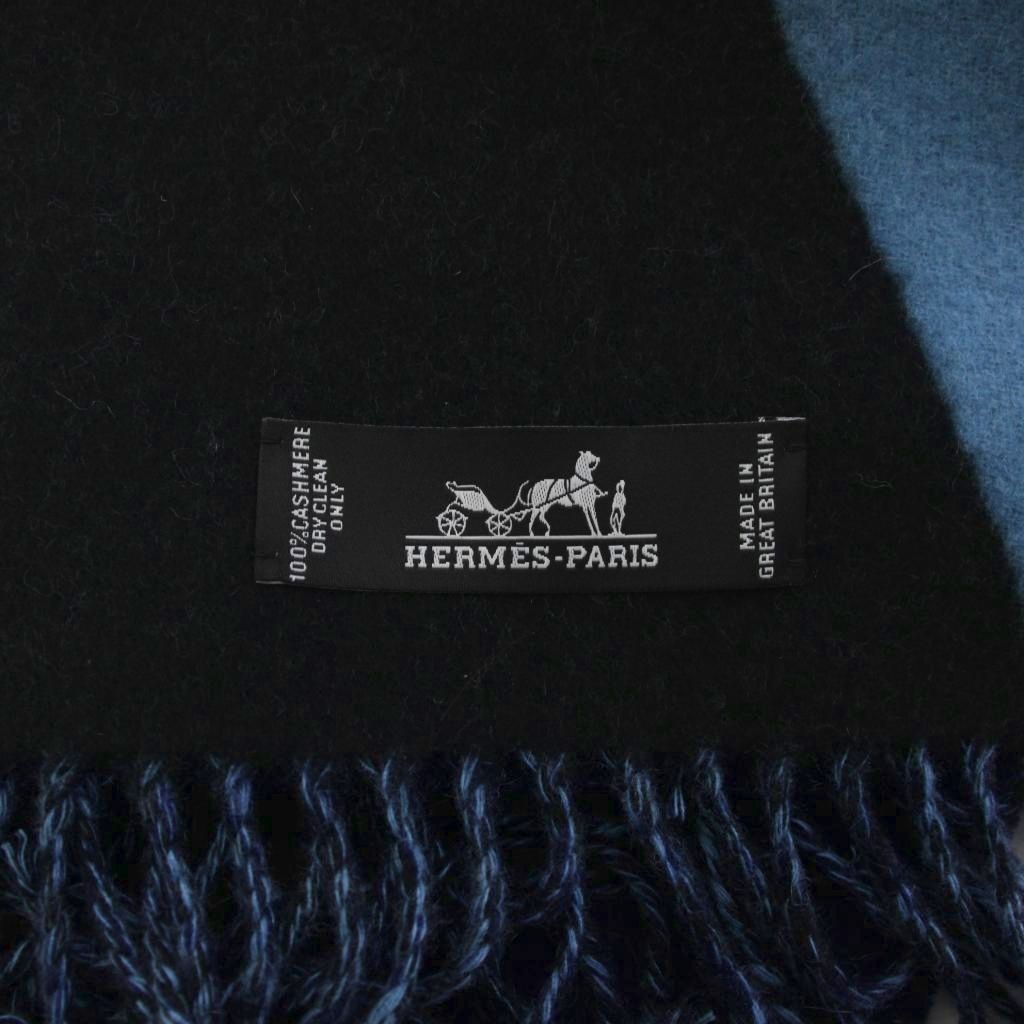 Hermes Fringe Shawl Large Cashmere 100% Navy Blue Black KH Scarf — view 3