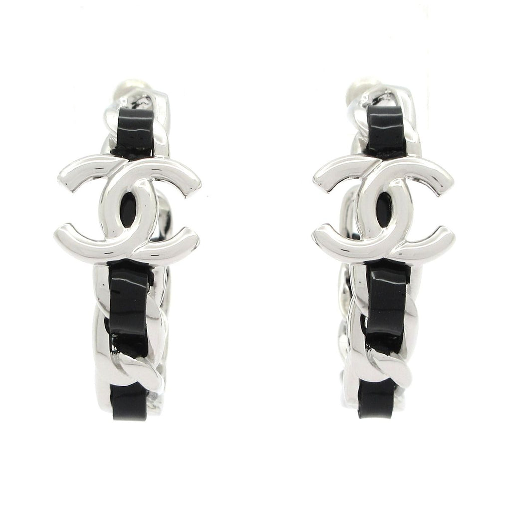 Chanel Earrings CC Logo Leather Silver Black Hoop
