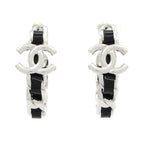 Chanel Earrings CC Logo Leather Silver Black Hoop