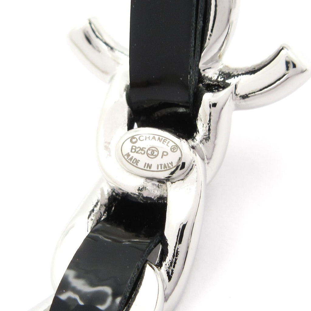 Chanel Earrings CC Logo Leather Silver Black Hoop — view 5