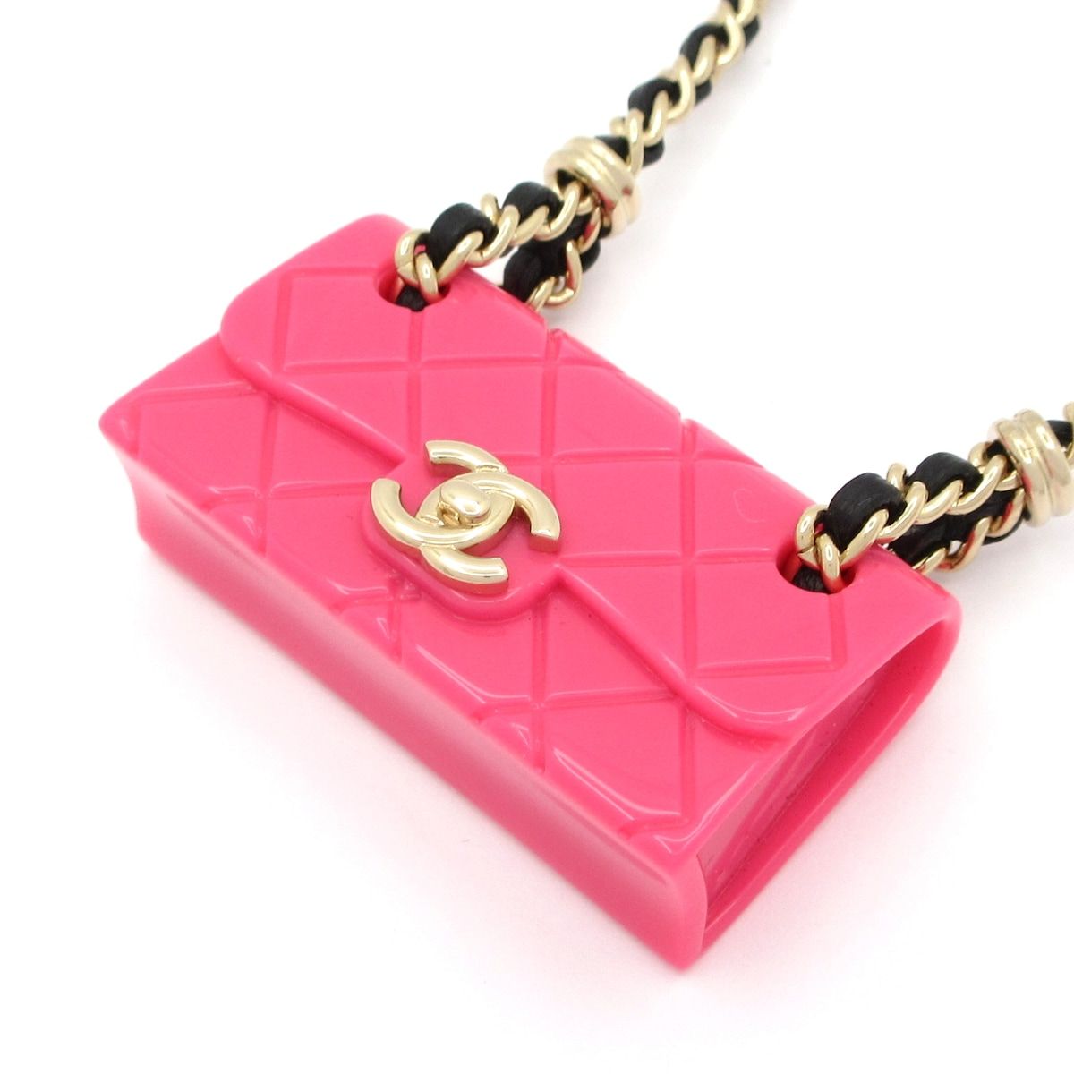 Chanel Necklace Leather Pink Gold Black Quilted Bag Motif