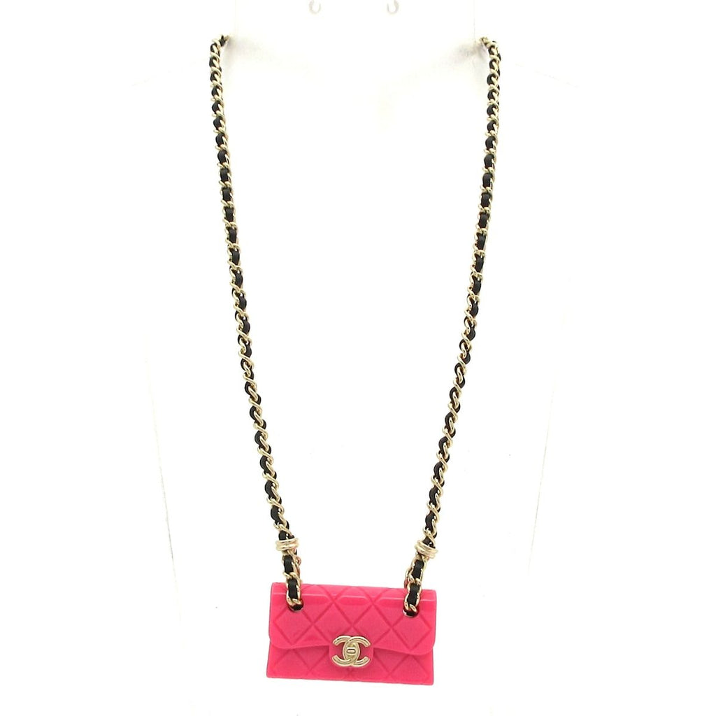 Chanel Necklace Leather Pink Gold Black Quilted Bag Motif — view 2