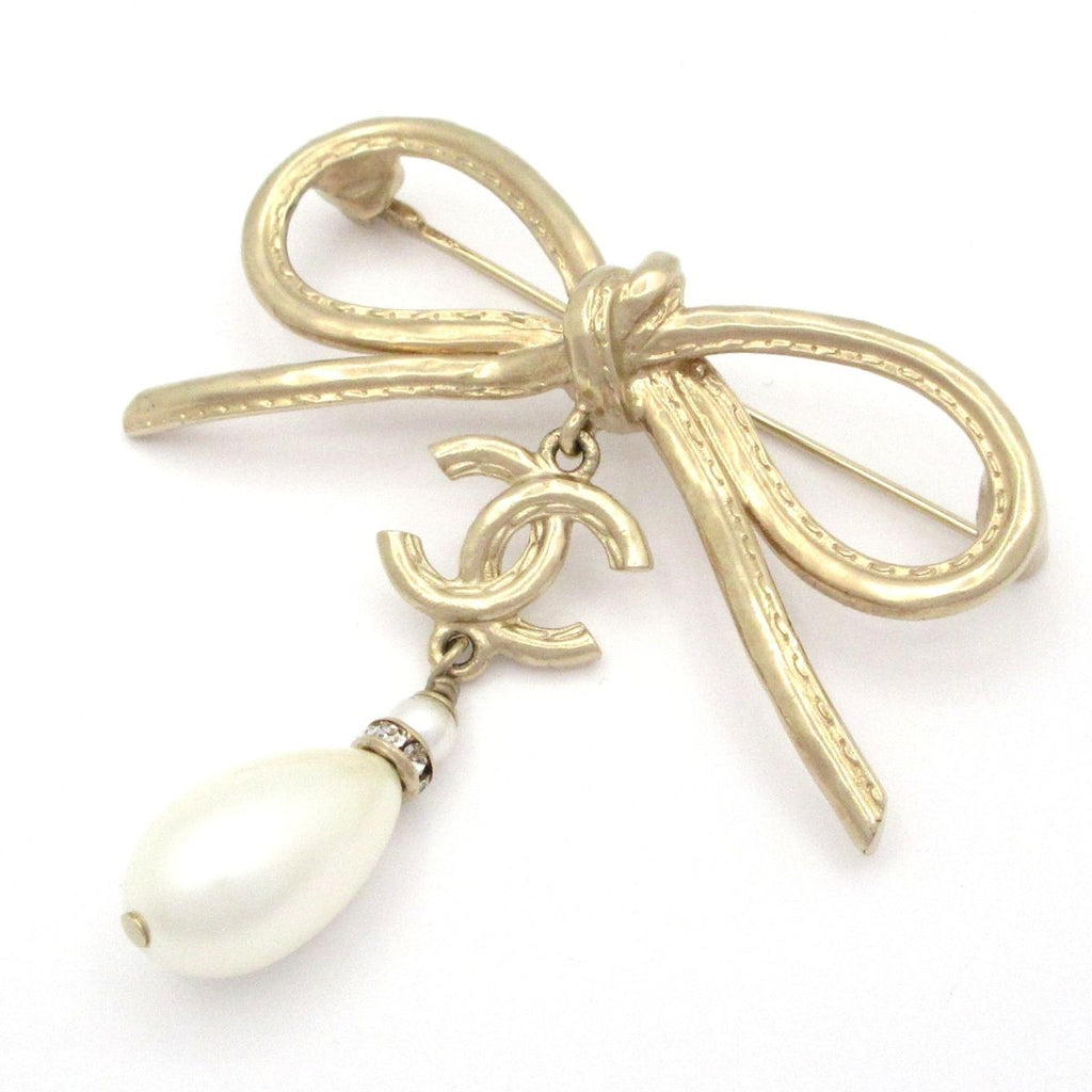 Chanel Brooch Gold White CC Logo Ribbon