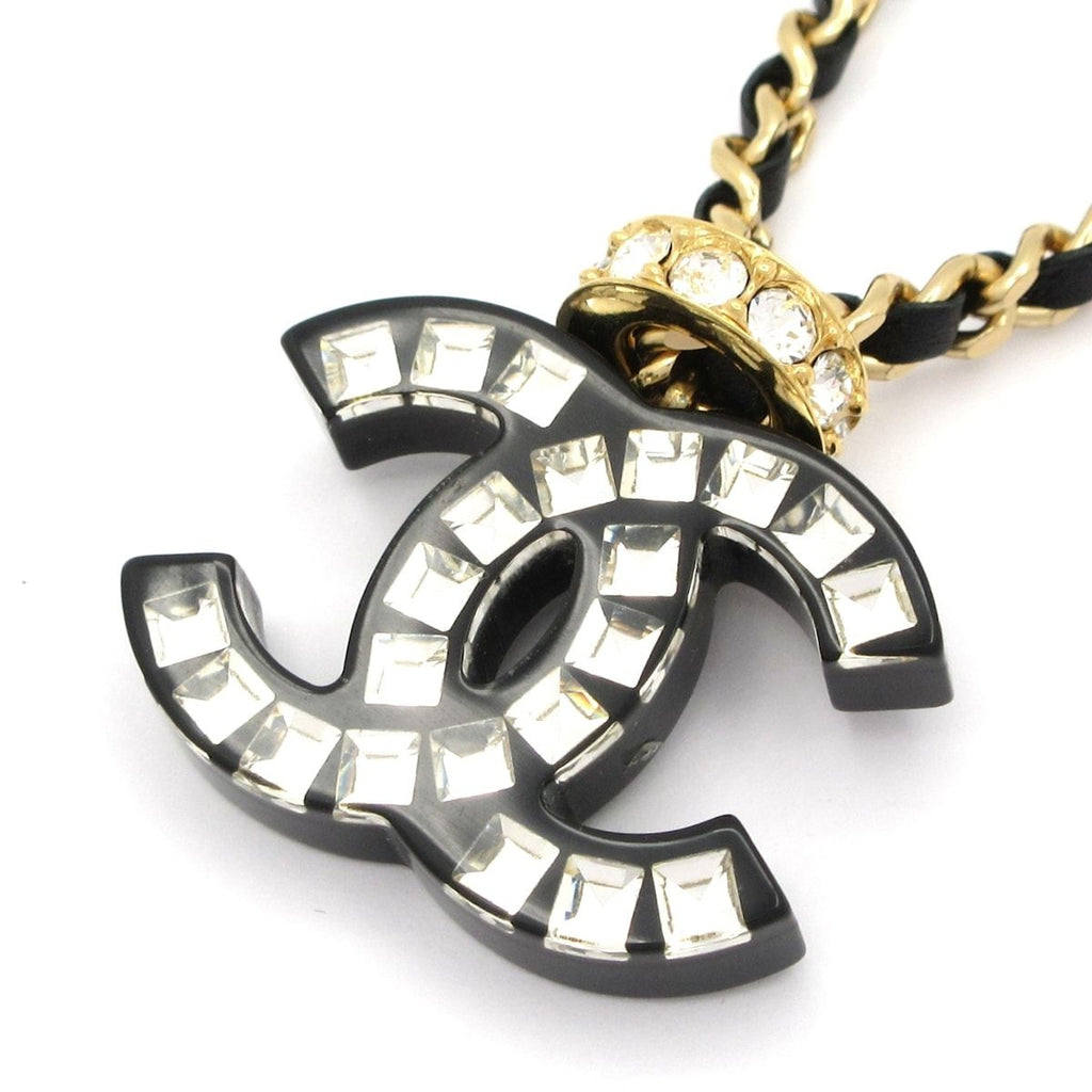 Chanel Choker CC Logo Leather Gold Black Clear Necklace