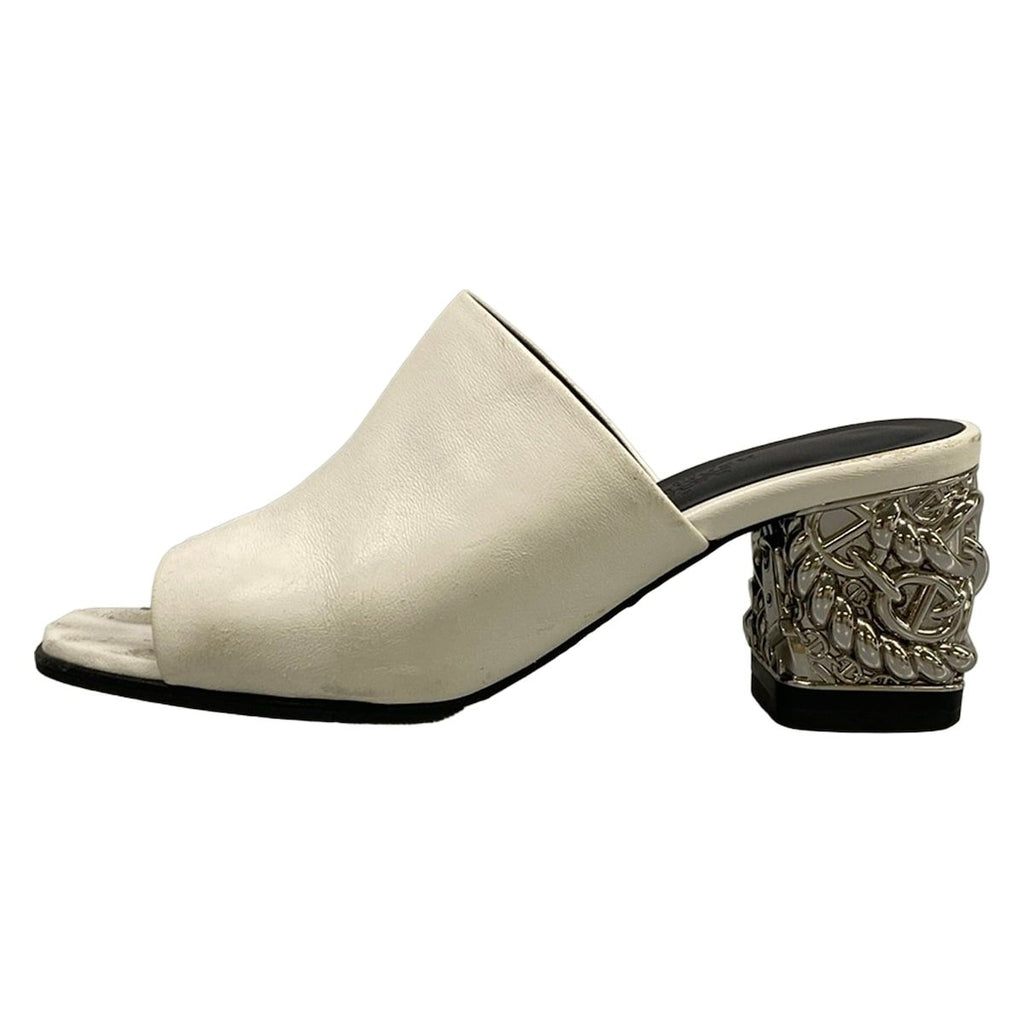 Hermes Sandals 36 Glossy White Silver Chunky Heels Open Toe Chaine D'ancre