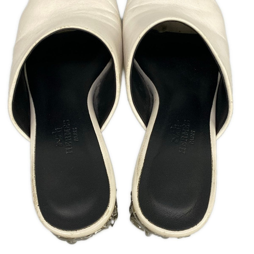 Hermes Sandals 36 Glossy White Silver Chunky Heels Open Toe Chaine D'ancre — view 7