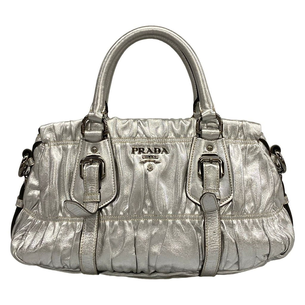 Prada Handbag Gather Bag Silver Leather