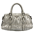 Prada Handbag Gather Bag Silver Leather