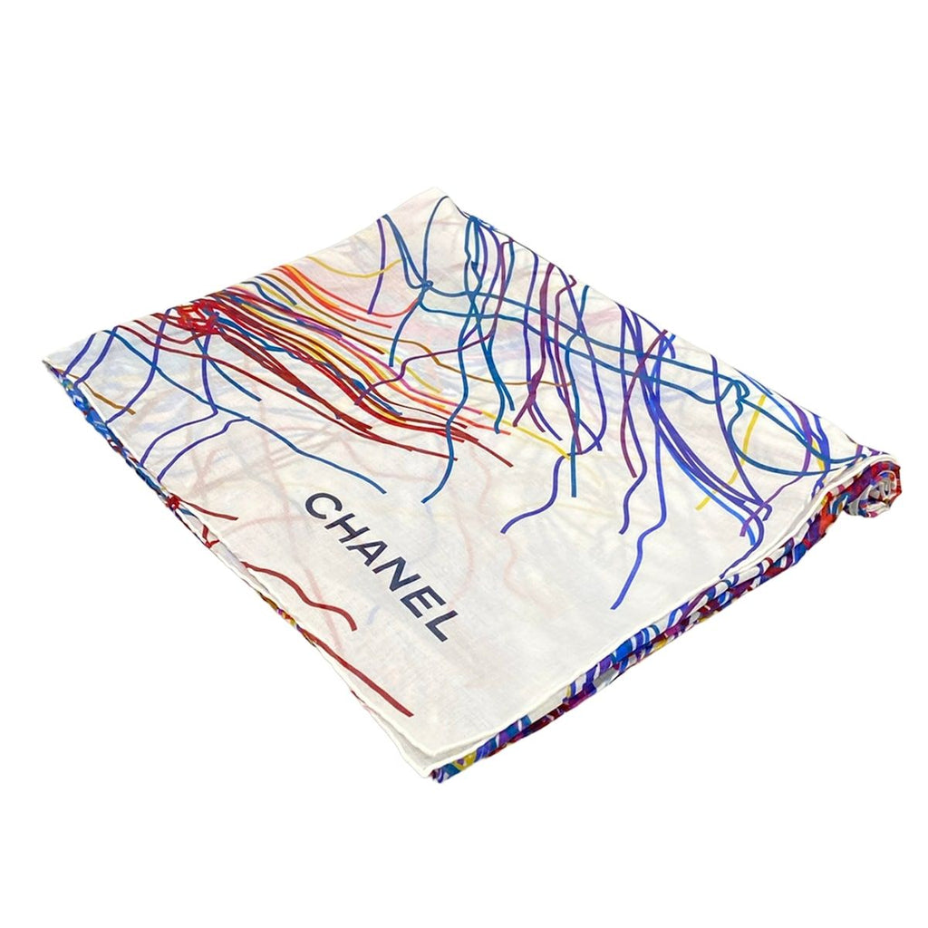 Chanel Shawl White Multi CC Logo Cotton Scarf