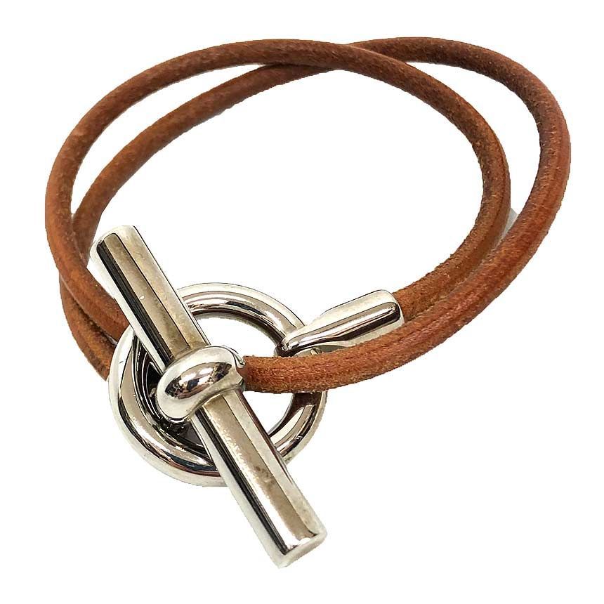 Hermes Glenan Choker Double Strand Bracelet Brown Silver