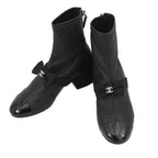 Chanel Boots CC Logo Ribbon Short Leather Patent 34c Shoes Ankle Black
