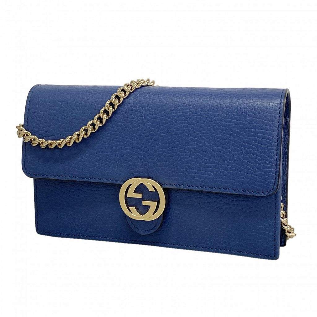 Gucci Shoulder Wallet Interlocking Leather Blue Gold