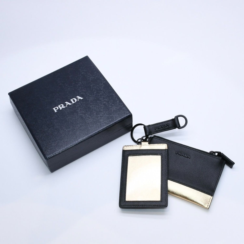 Prada Logo Coin Purse Card Curse Saffano Leather Black Gold