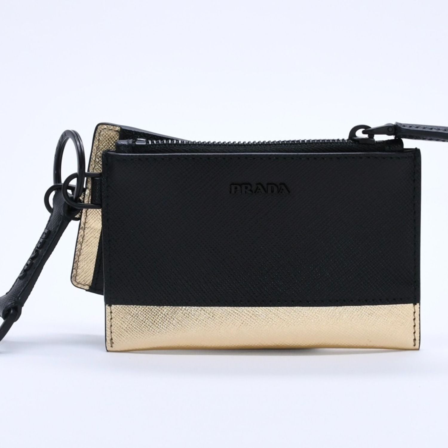 Prada Logo Coin Purse Card Curse Saffano Leather Black Gold — view 4
