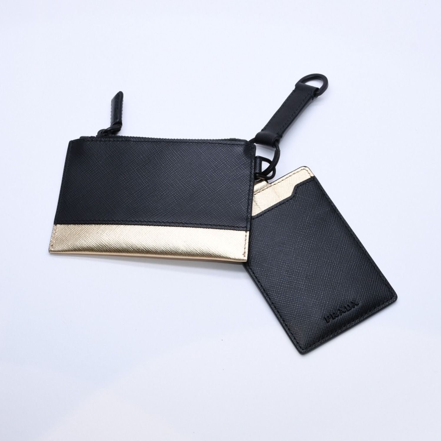 Prada Logo Coin Purse Card Curse Saffano Leather Black Gold — view 3