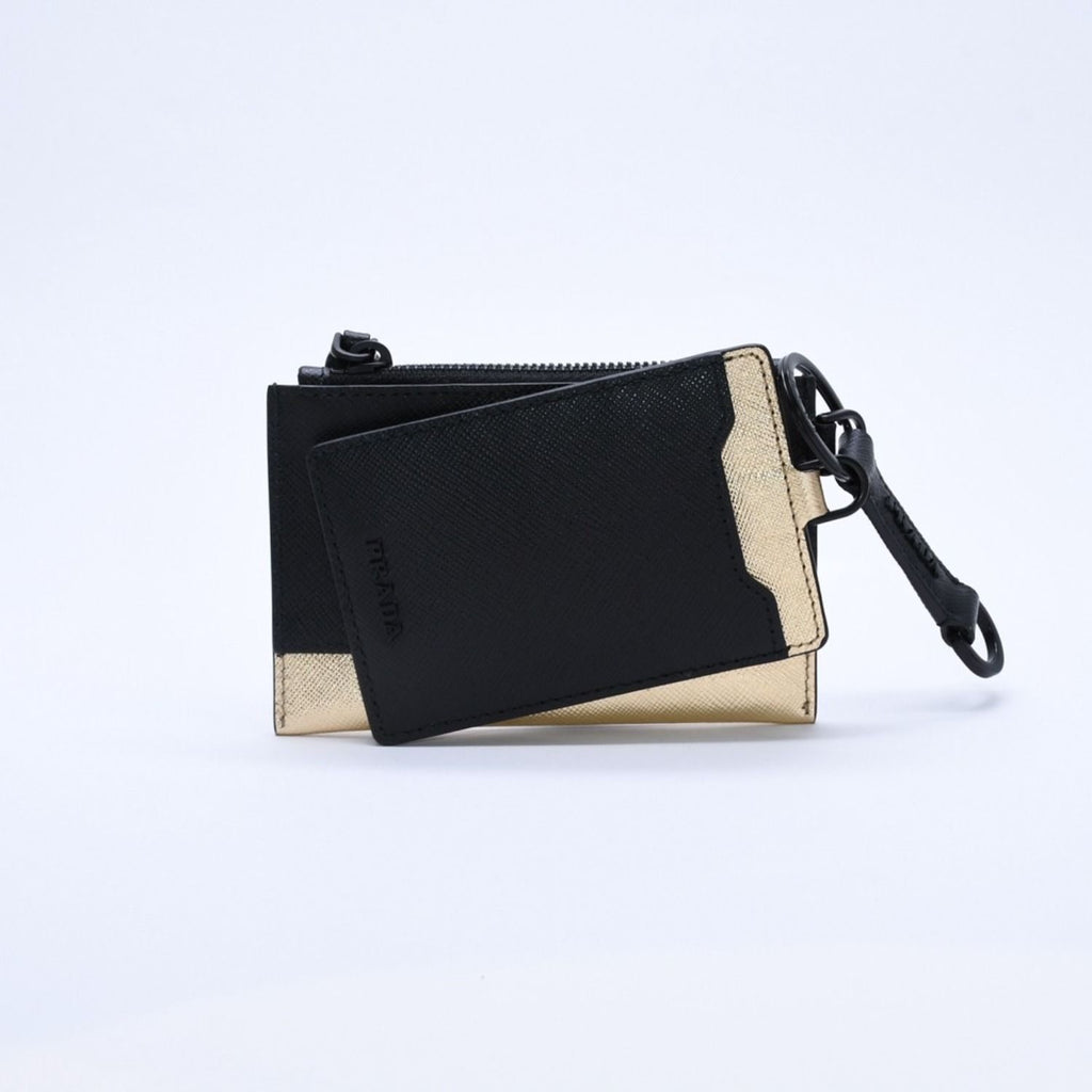 Prada Logo Coin Purse Card Curse Saffano Leather Black Gold — view 6