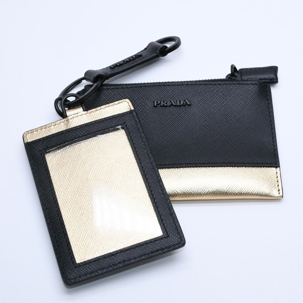 Prada Logo Coin Purse Card Curse Saffano Leather Black Gold — view 2