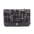 Chanel Shoulder Bag Quilted Black White Fabric Leather Chain Wallet