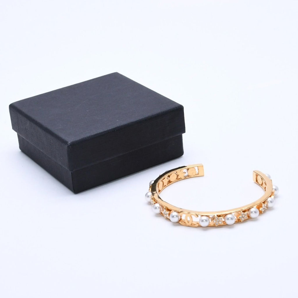 Chanel CC Logo Bangle Faux Pearl Gold Metal Rhinestone Bracelet