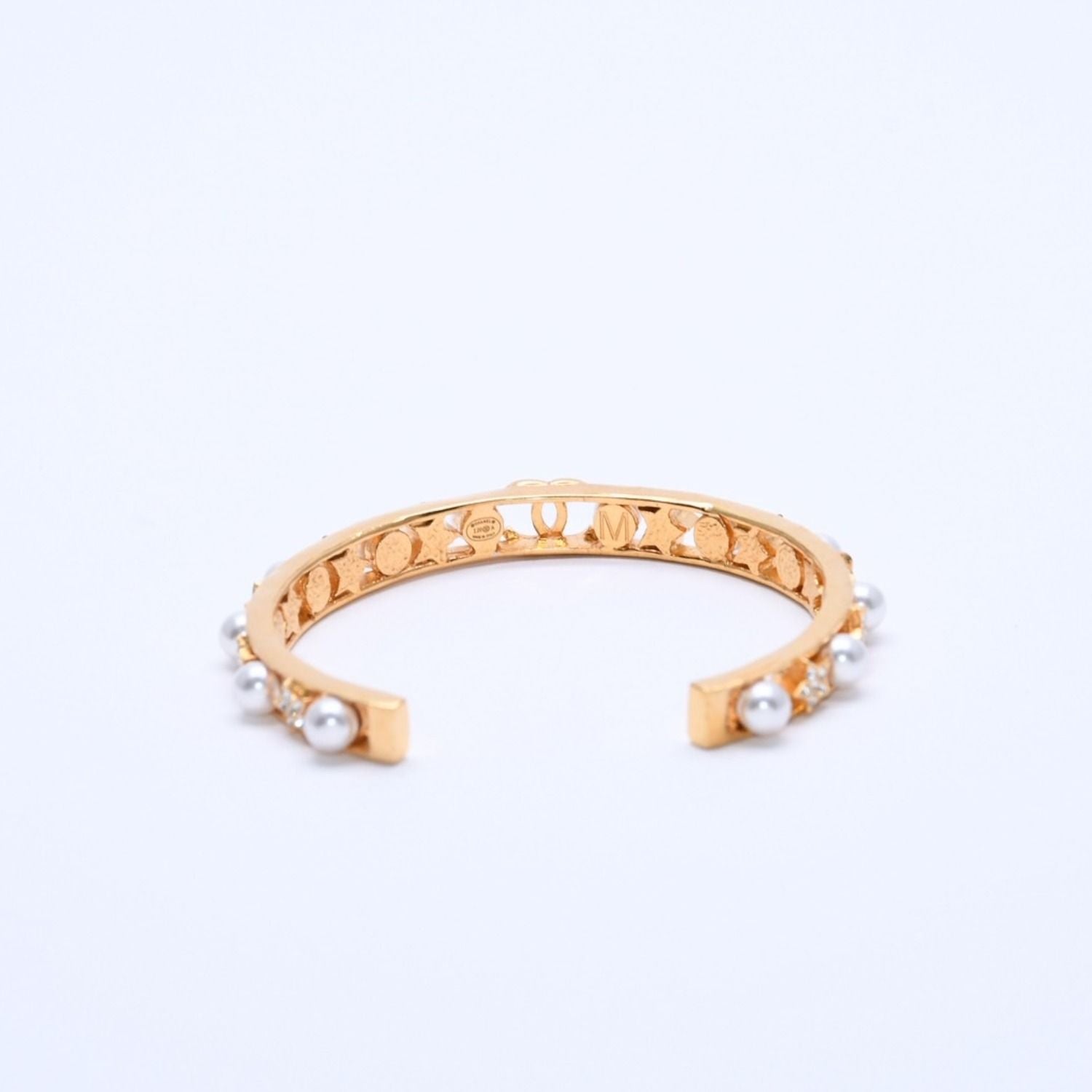 Chanel CC Logo Bangle Faux Pearl Gold Metal Rhinestone Bracelet — view 5