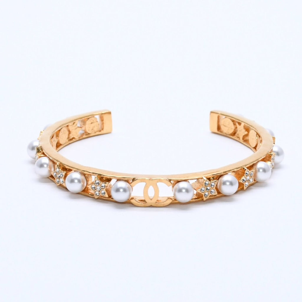 Chanel CC Logo Bangle Faux Pearl Gold Metal Rhinestone Bracelet — view 2