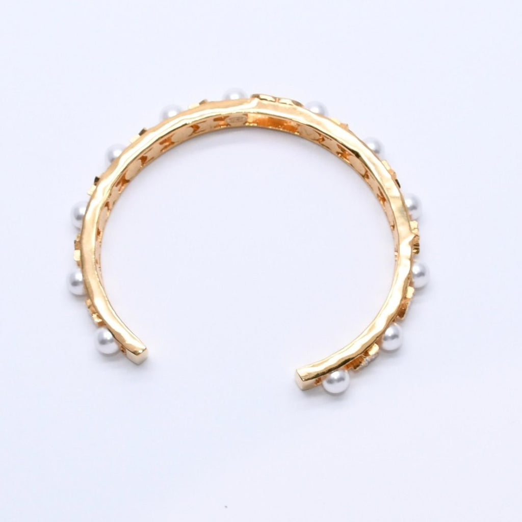 Chanel CC Logo Bangle Faux Pearl Gold Metal Rhinestone Bracelet — view 7