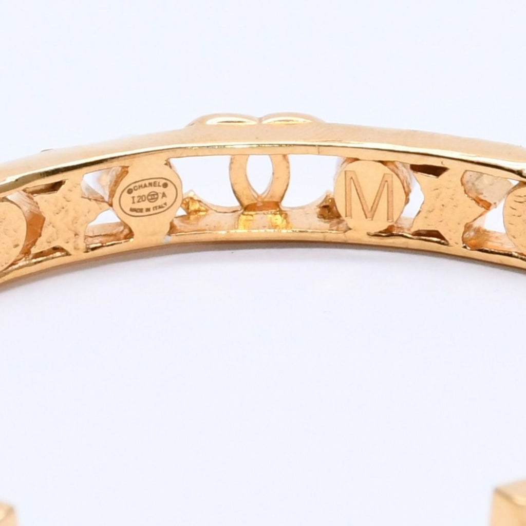 Chanel CC Logo Bangle Faux Pearl Gold Metal Rhinestone Bracelet — view 6