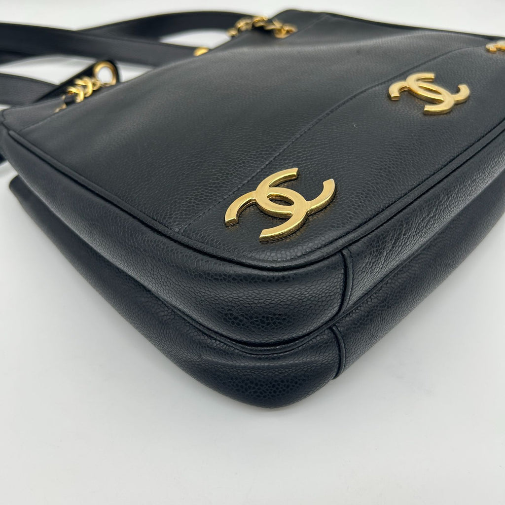 Chanel Triple Coco Chain Tote Shoulder Bag Caviar Leather Black — view 6