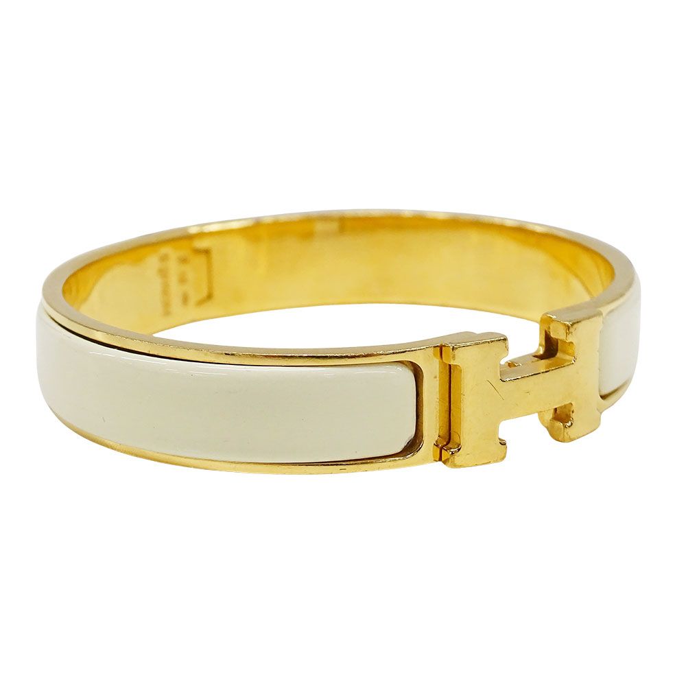 Hermes Bangle Click Enamel Metal Yellow Gold Ivory Logo Adult Bracelet — view 3