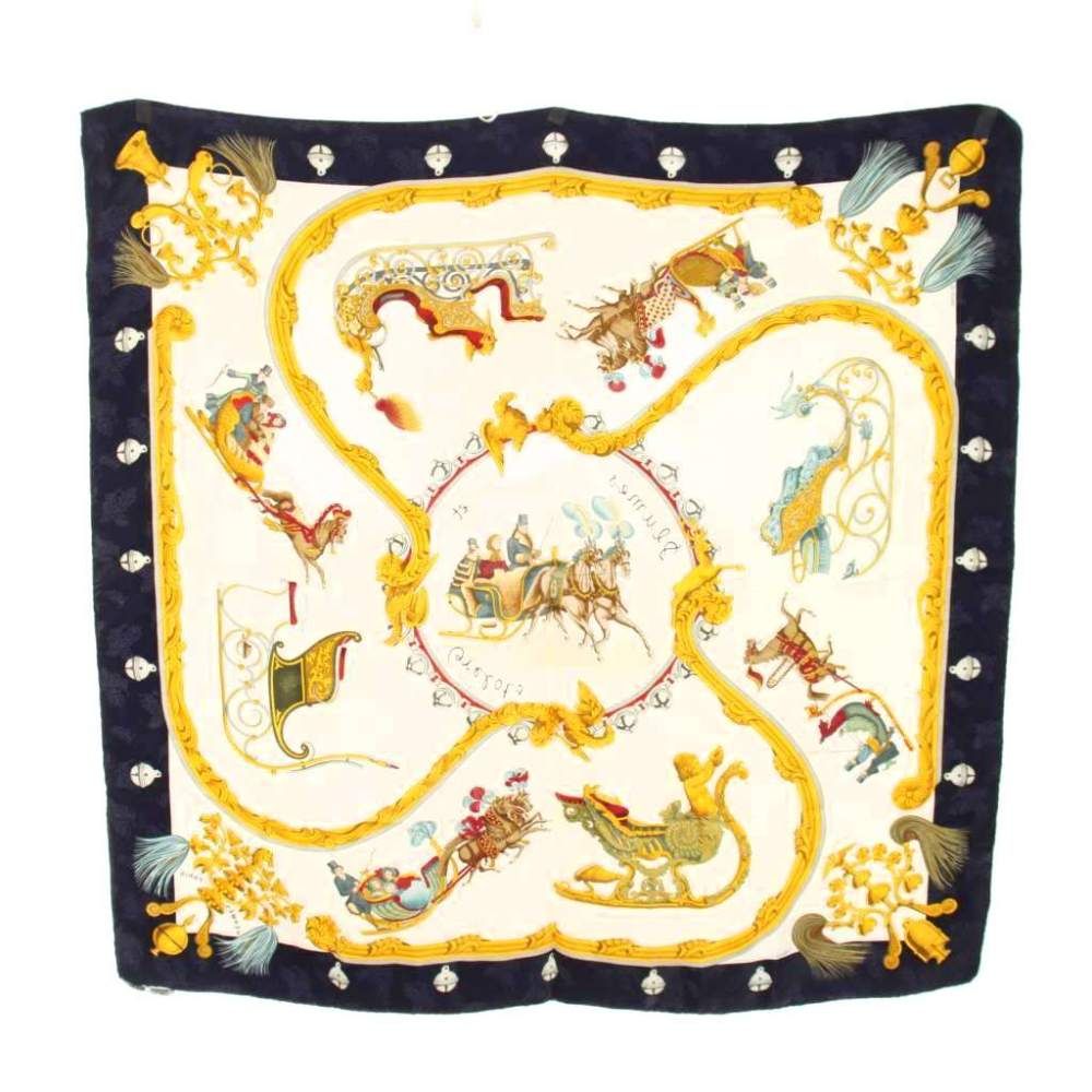 Hermes Scarf Carre 90 Plumes Et Grelots Feather and Bell Silk Navy Ivory Yellow — view 2