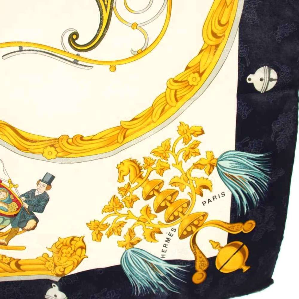 Hermes Scarf Carre 90 Plumes Et Grelots Feather and Bell Silk Navy Ivory Yellow — view 4