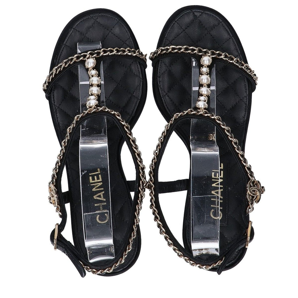 Chanel Imitation Pearl Chain Satin Ankle Strap Lambskin Sandals 38c — view 5