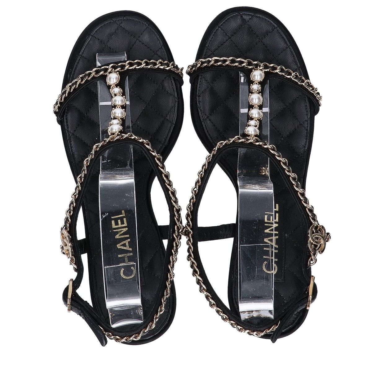 Chanel Imitation Pearl Chain Satin Ankle Strap Lambskin Sandals 38c — view 5