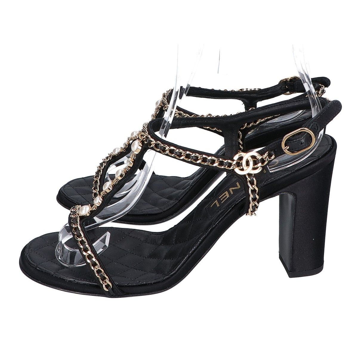 Chanel Imitation Pearl Chain Satin Ankle Strap Lambskin Sandals 38c — view 2
