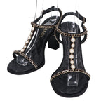 Chanel Imitation Pearl Chain Satin Ankle Strap Lambskin Sandals 38c