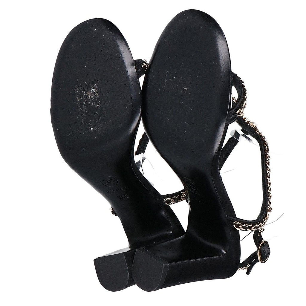 Chanel Imitation Pearl Chain Satin Ankle Strap Lambskin Sandals 38c — view 6