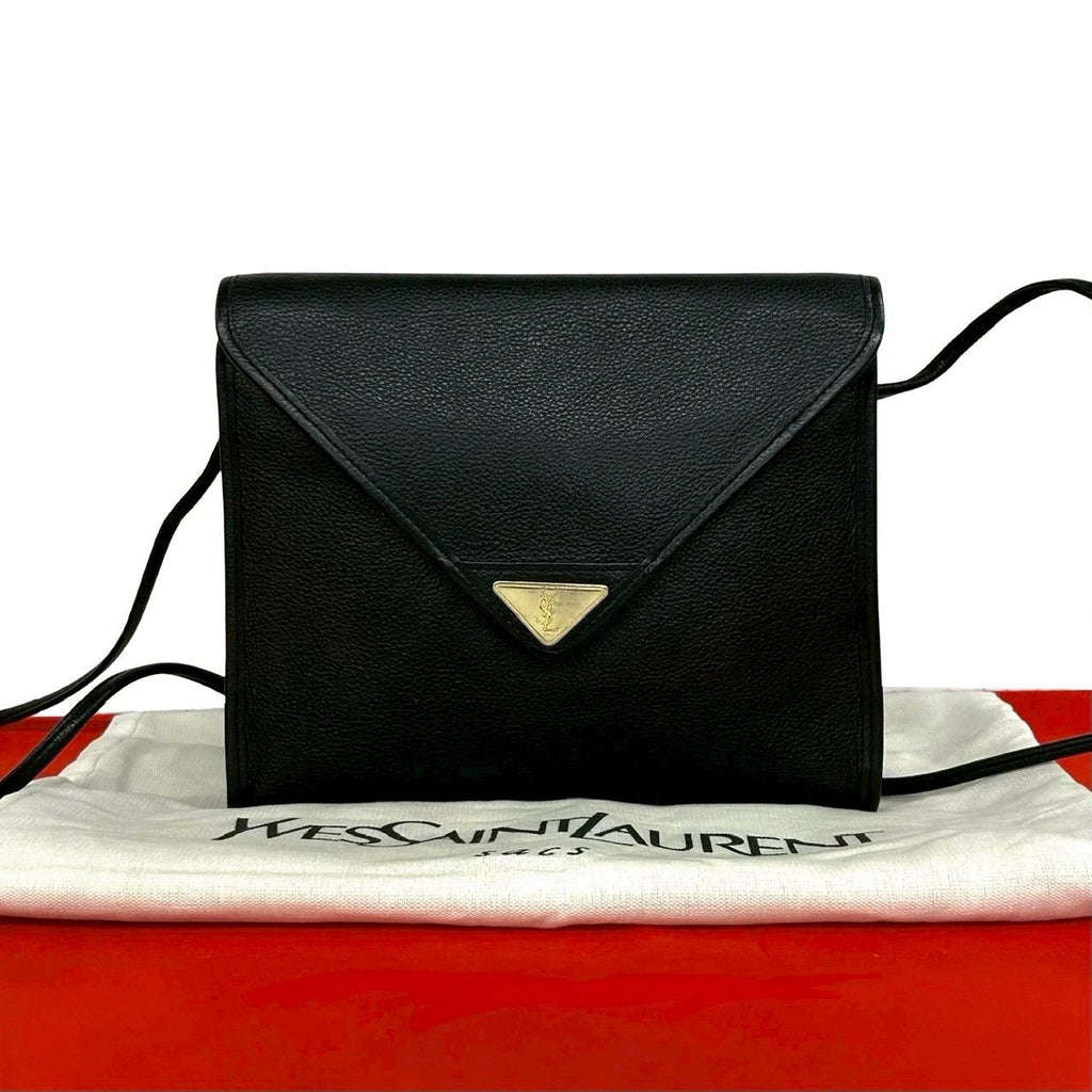Saint Laurent Vintage YSL Logo Leather Shoulder Bag Black