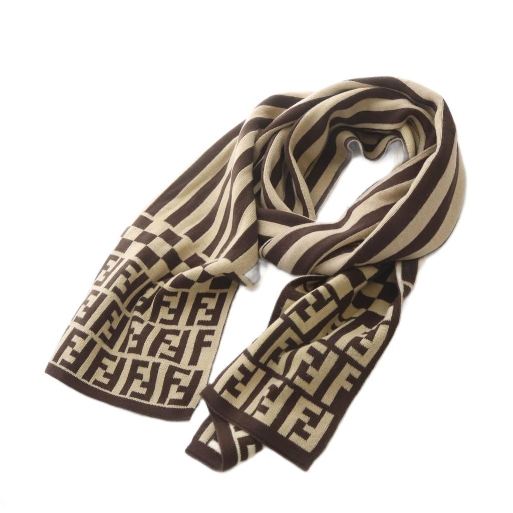 Fendi Scarf Zucca Pattern Stripe Logo Beige