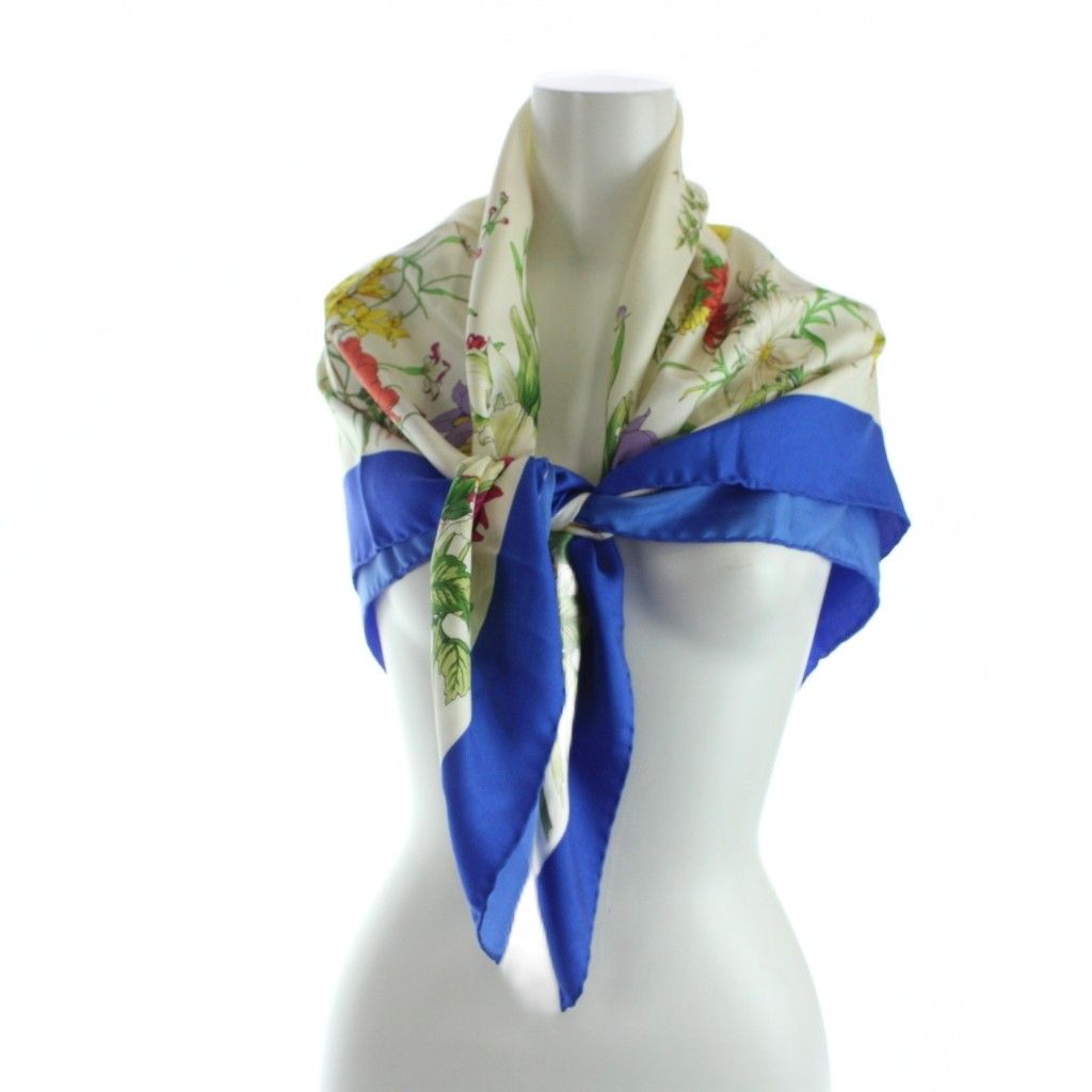 Gucci Large Scarf Shawl Floral Pattern Silk Logo All Over Multicolor — view 3