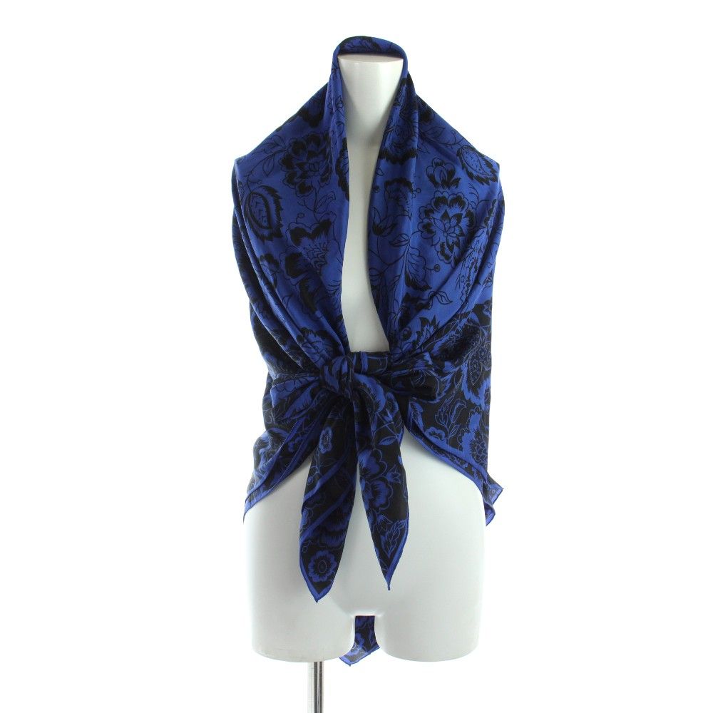 Dior Large Scarf Shawl Floral Pattern Silk Logo Blue