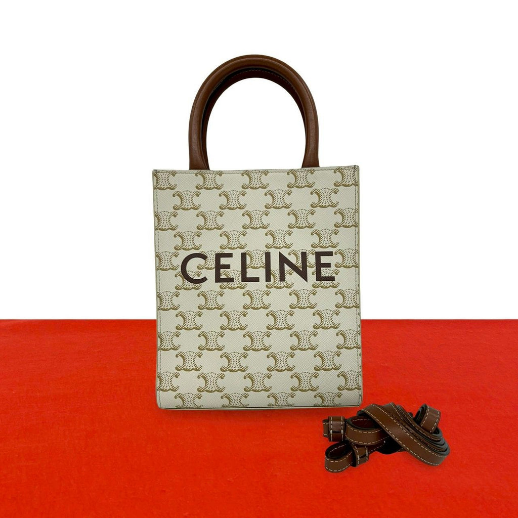 Celine Mini Vertical Cabas Leather 2-Way Shoulder Bag Mini Tote White Brown