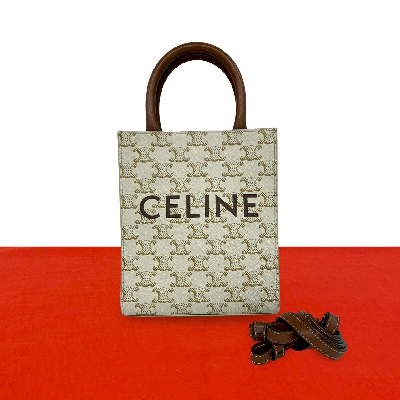 Celine Mini Vertical Cabas Leather 2-Way Shoulder Bag Mini Tote White Brown