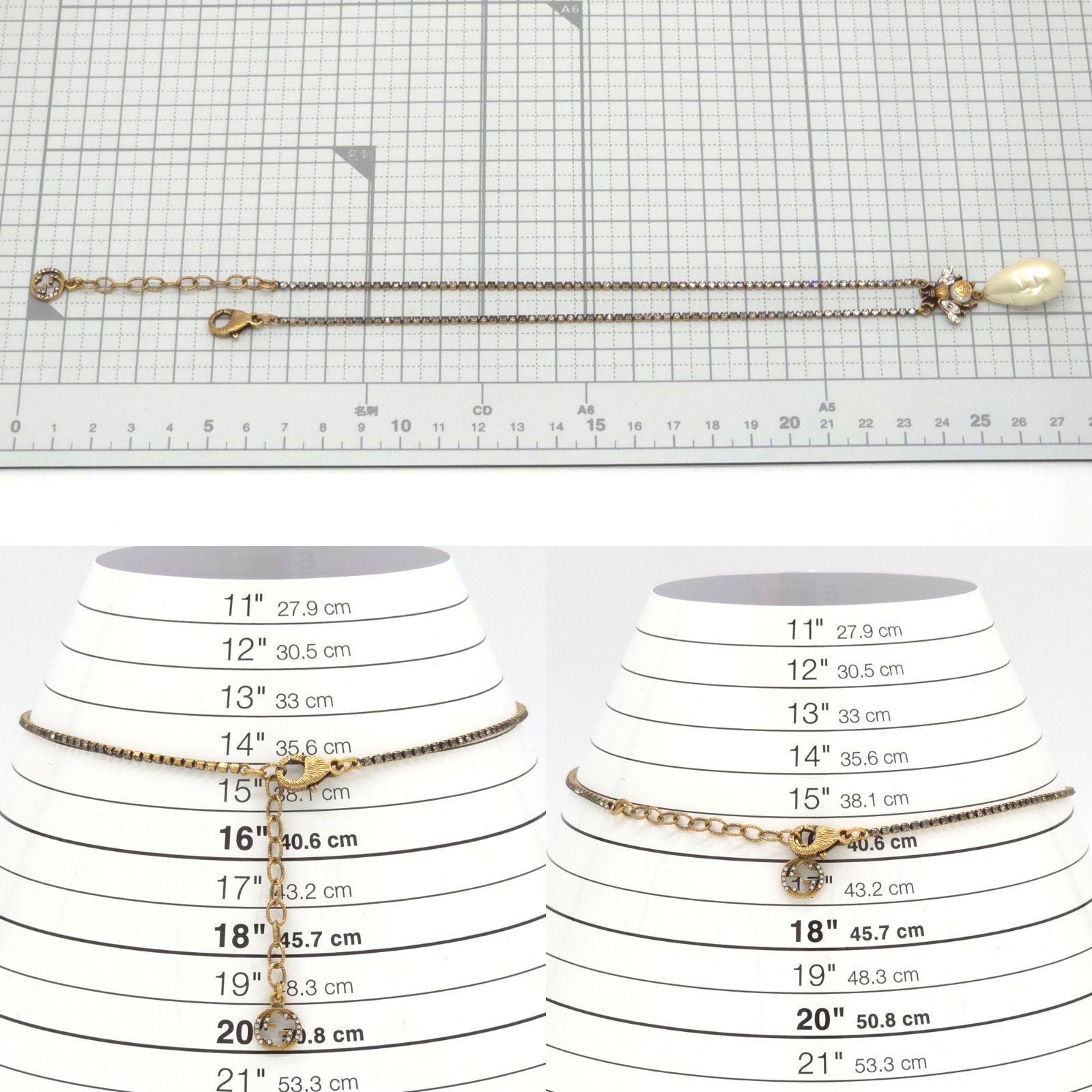 Gucci Bead Drop Pearl Crystal Necklace 35.5 38 cm Gold — view 7
