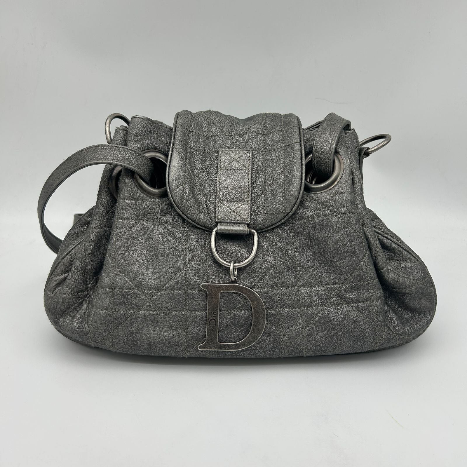 Dior Cannage Shoulder Bag Tote Leather Silver