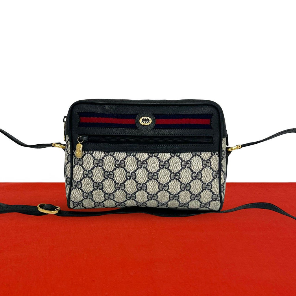 Gucci Vintage Sherry Line GG Logo Leather Shoulder Bag Pochette Crossbody Navy