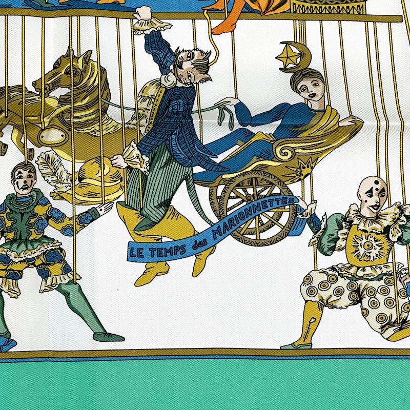 Hermes Scarf Carre 90 le Temps Des Marionnettes Marionette Time Silk Green — view 3
