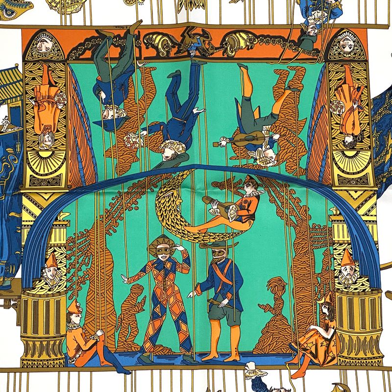 Hermes Scarf Carre 90 le Temps Des Marionnettes Marionette Time Silk Green — view 2