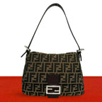 Fendi Mamma Bucket Zucca FF Logo Canvas Leather Shoulder Bag Brown