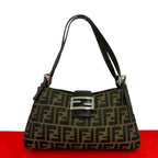 Fendi Zucca FF Logo Canvas Leather Shoulder Bag Brown